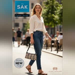 NWT THE SAK Woven Shoulder Bag Bamboo&Cotton Blend Brown/Cream Silver Accents